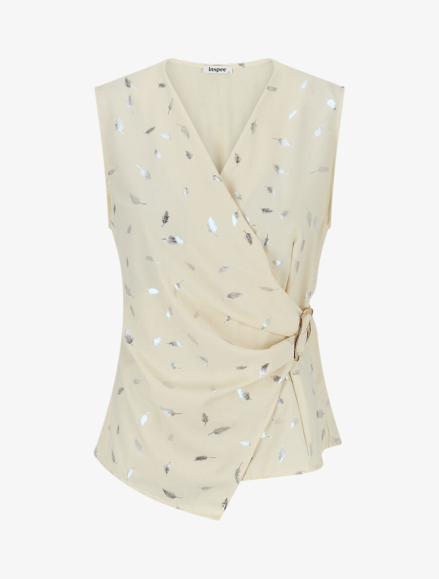 Top droit sans manches flocage plumes irisées - Beige - 4