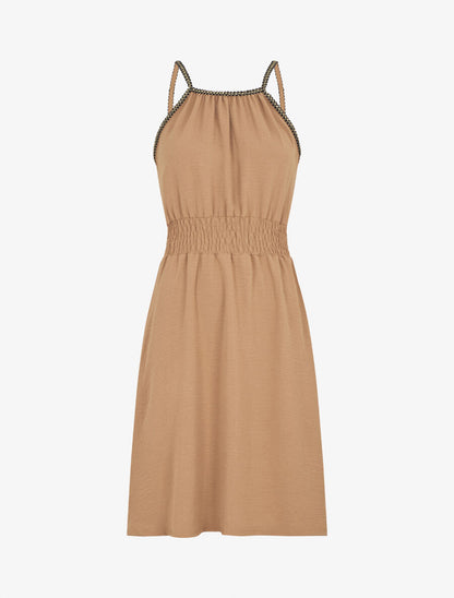 Robe unie sans manches à taille élastiquée - Camel - 4