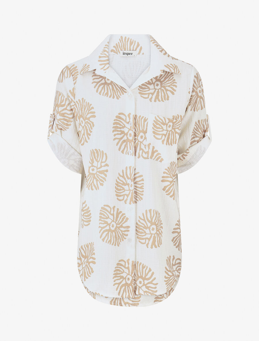 Chemise à manches retroussables imprimé anémones - Camel - 1