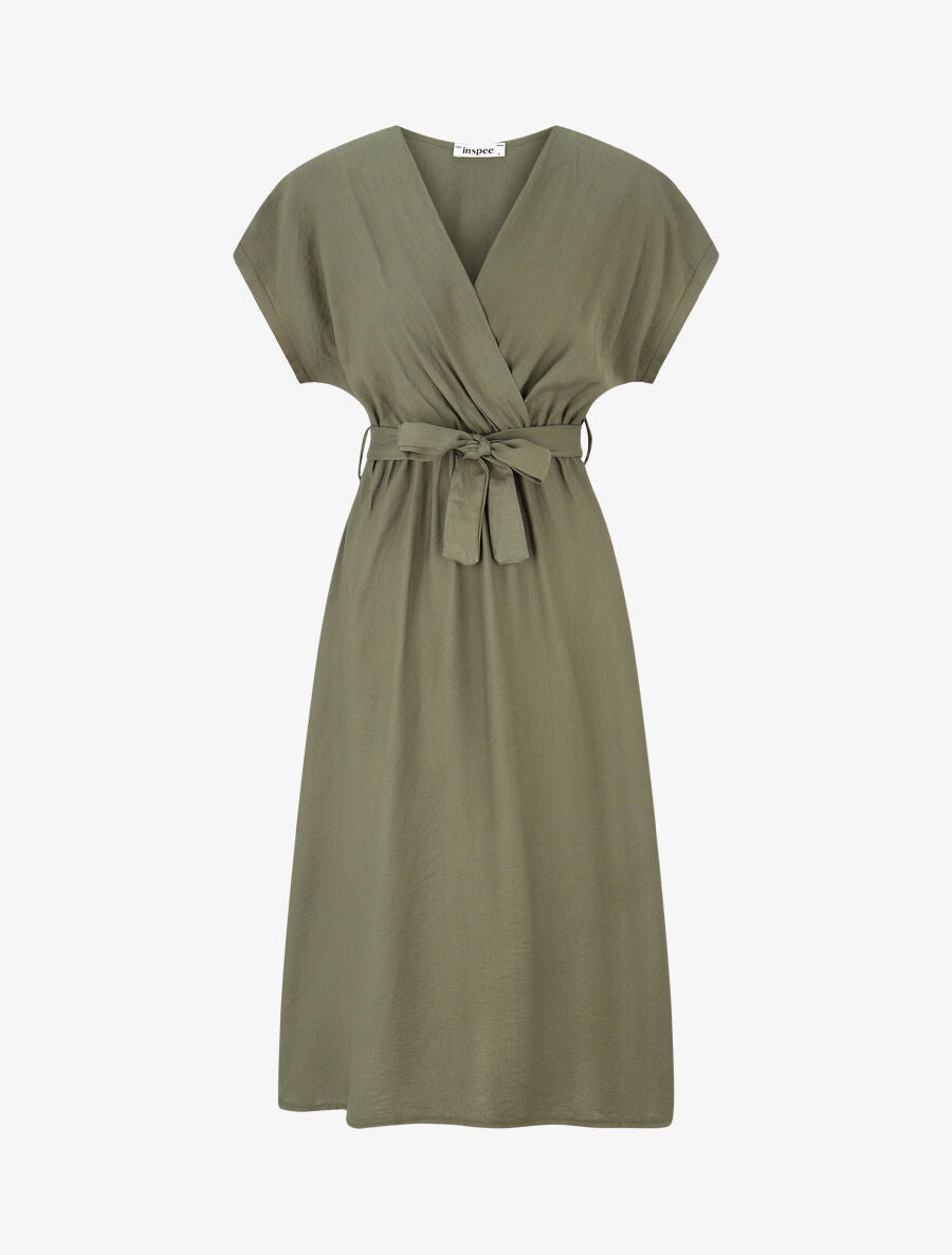 Robe longue unie à manches courtes - Kaki - 1