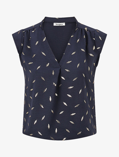 Top sans manches motif plumes dorées - Marine - 4