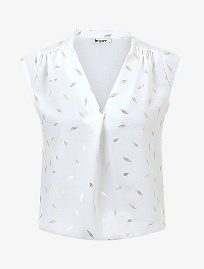 Top sans manches motif plumes dorées - Blanc - 4