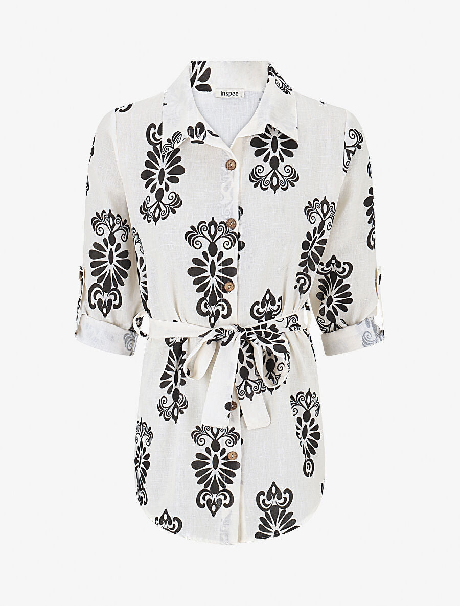Chemise manches rabattables et motif arabesque - Écru - 1