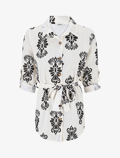 Chemise manches rabattables et motif arabesque - Écru - 1
