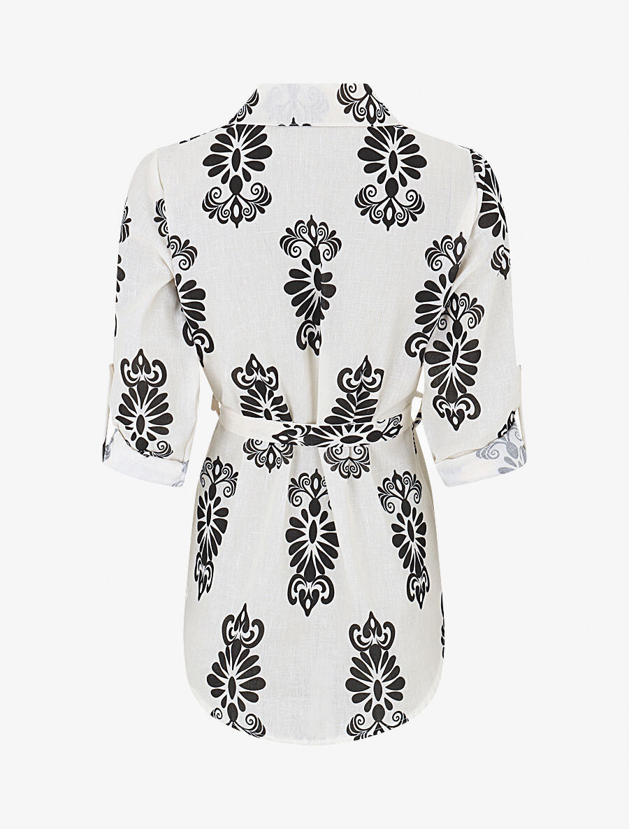Chemise manches rabattables et motif arabesque - Écru - 2