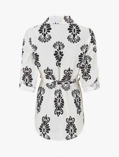Chemise manches rabattables et motif arabesque - Écru - 2