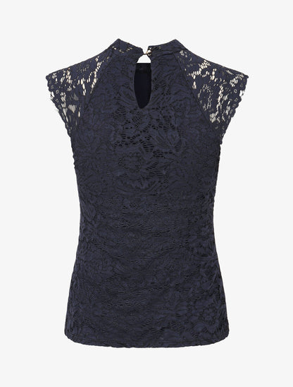 Top ajusté en dentelle col montant - Marine - 2