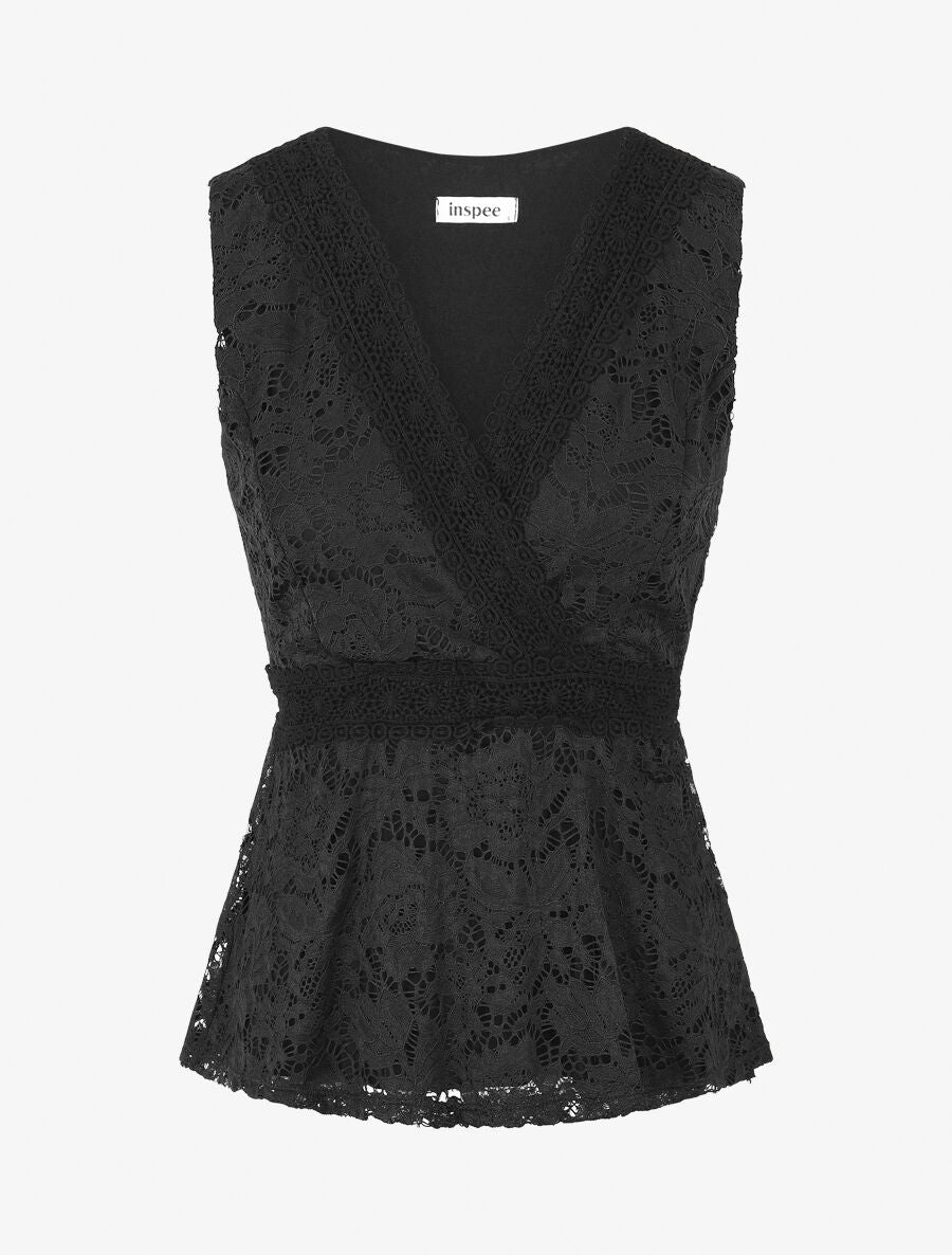 Top ajusté sans manches en dentelle - Noir - 1