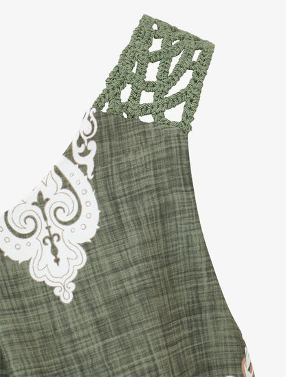 Top imprimé graphique et bretelles en crochet - Kaki - 3
