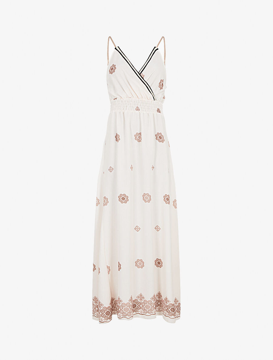 Robe longue fines bretelles et motif floral - Écru - 4