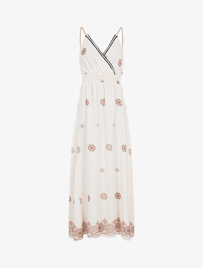 Robe longue fines bretelles et motif floral - Écru - 4