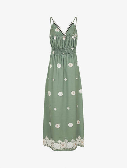 Robe longue fines bretelles et motif floral - Kaki - 2