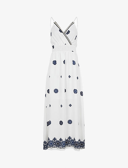 Robe longue fines bretelles et motif floral - Blanc - 4