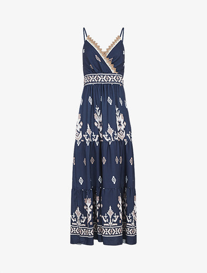 Robe longue à taille élastiquée imprimé ikat - Marine - 4