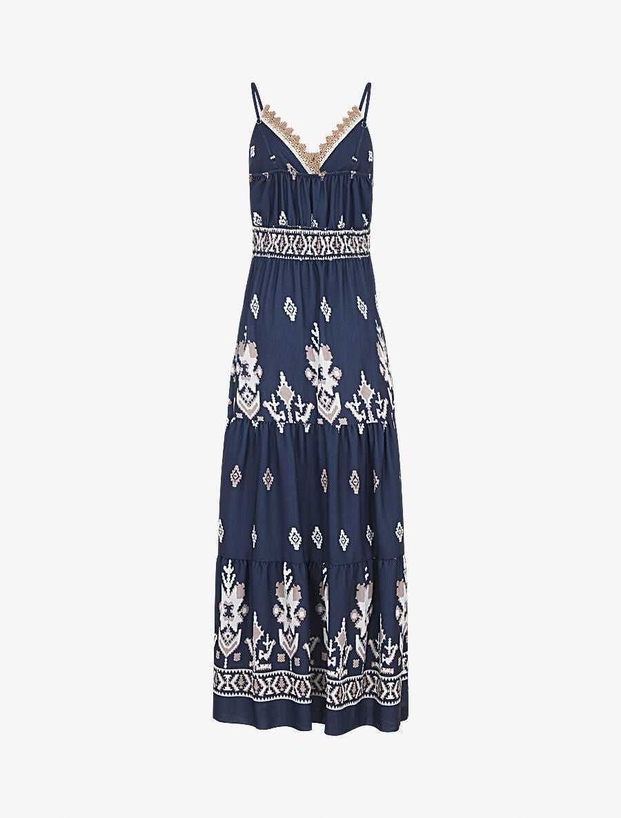 Robe longue à taille élastiquée imprimé ikat - Marine - 2