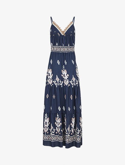 Robe longue à taille élastiquée imprimé ikat - Marine - 2