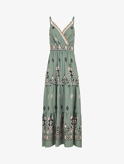 Robe longue à taille élastiquée imprimé ikat - Kaki - 1