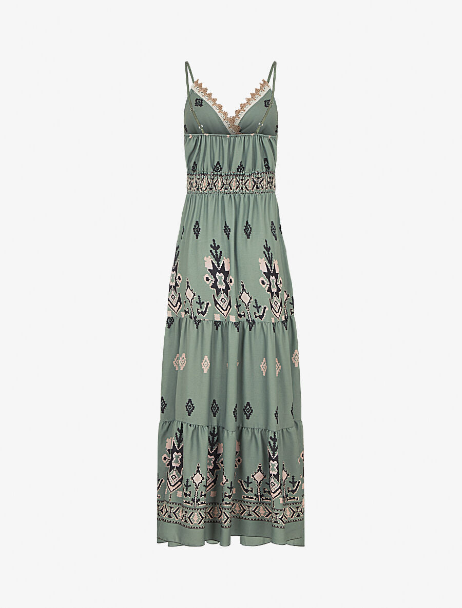 Robe longue à taille élastiquée imprimé ikat - Kaki - 2