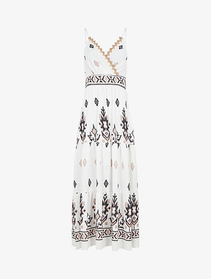Robe longue à taille élastiquée imprimé ikat - Blanc - 1