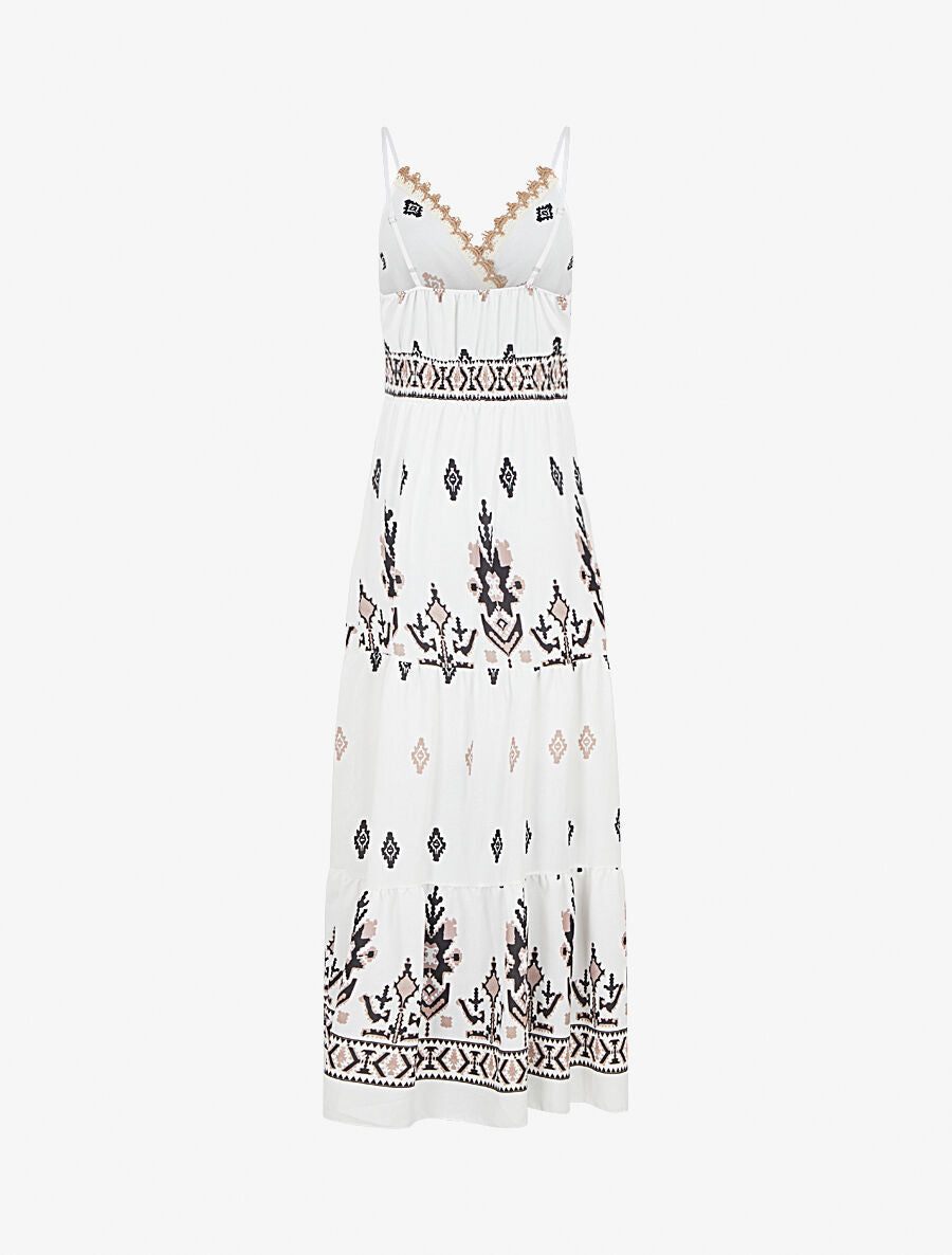 Robe longue à taille élastiquée imprimé ikat - Blanc - 2