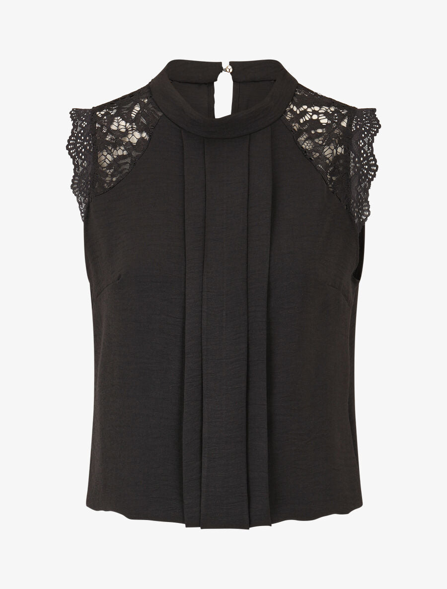Top sans manches à dentelle et detail plissé - Noir - 4