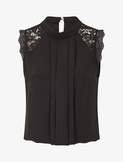 Top sans manches à dentelle et detail plissé - Noir - 4