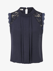 Top sans manches à dentelle et detail plissé - Marine - 4