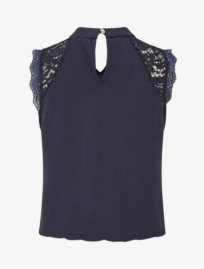 Top sans manches à dentelle et detail plissé - Marine - 2