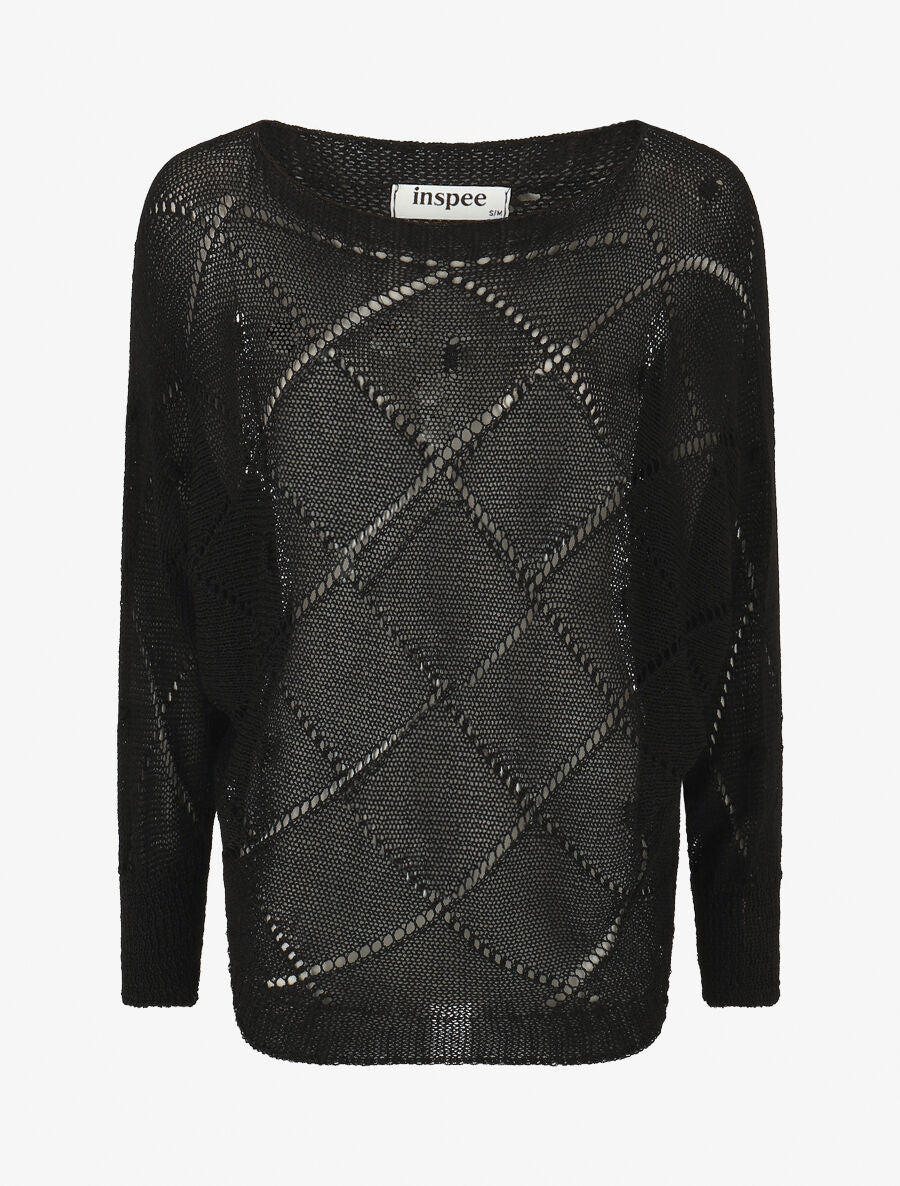 Pull en maille ajourée à motif quadrillé - Noir - 1