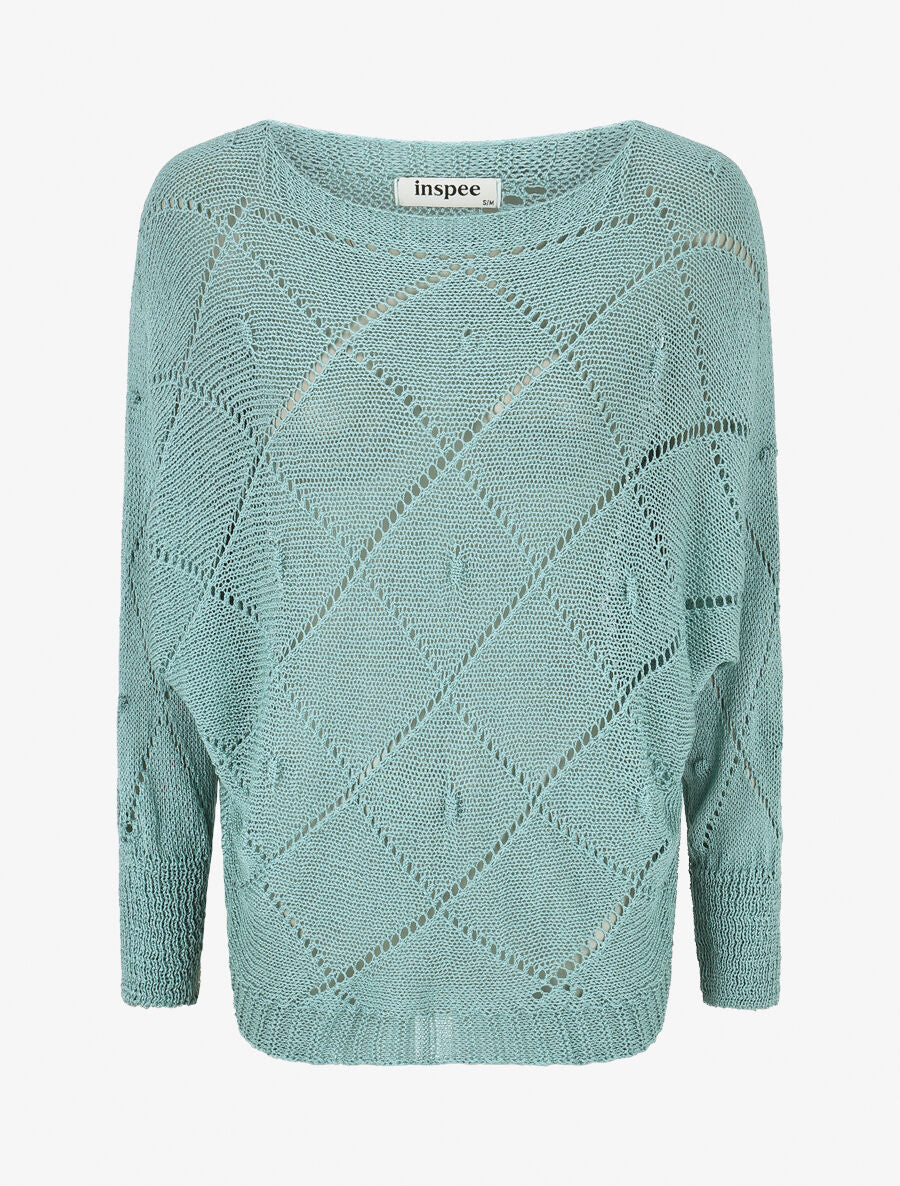 Pull en maille ajourée à motif quadrillé - Turquoise - 1