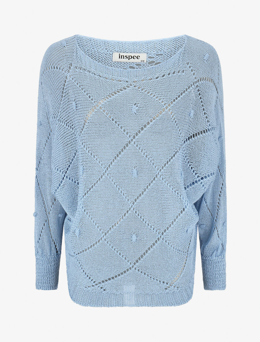 Pull en maille ajourée à motif quadrillé - Bleu - 4