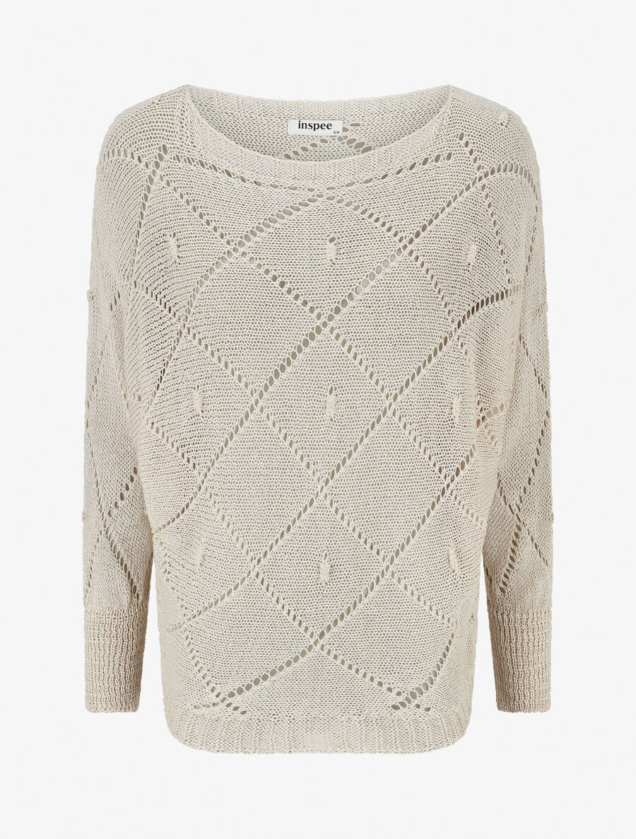Pull en maille ajourée à motif quadrillé - Beige - 1