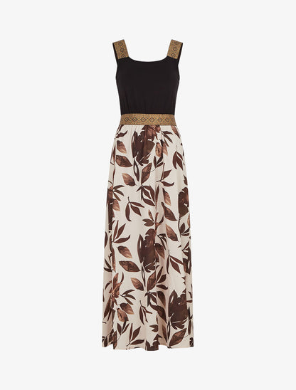 Robe longue à bretelles imprimé feuilles - Beige - 4
