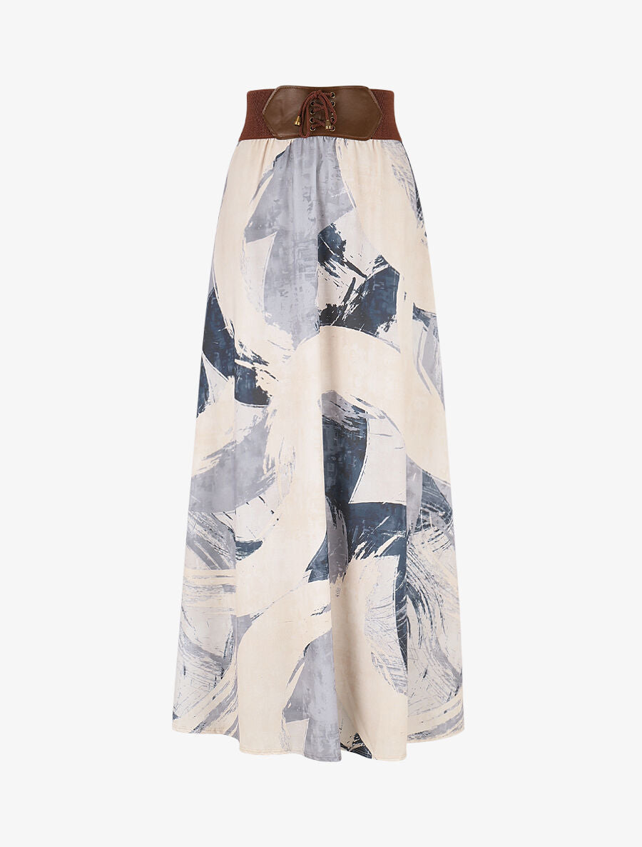 Jupe longue évasée imprimé abstrait - Bleu - 1