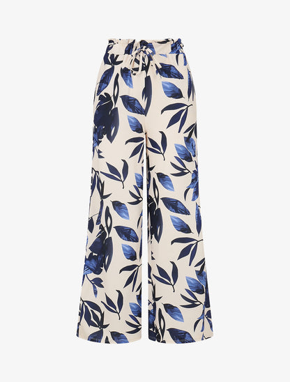 Pantalon imprimé feuillage à taille élastiquée - Marine - 1