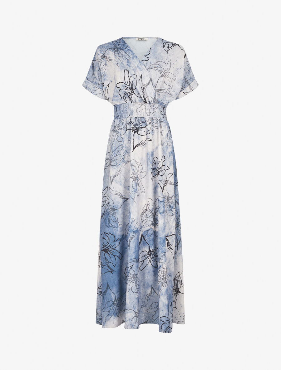 Robe longue manches courtes imprimé végétal - Bleu - 4