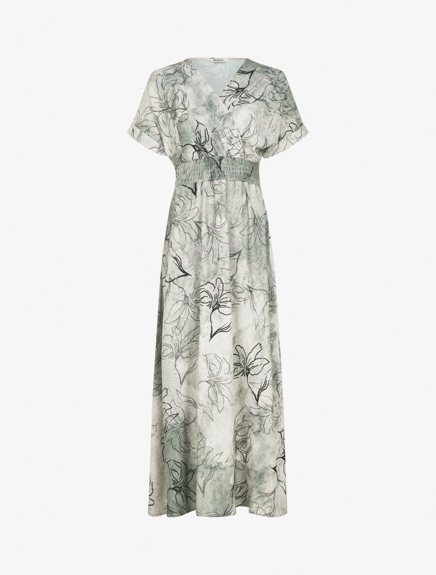 Robe longue manches courtes imprimé végétal - Vert gris - 1