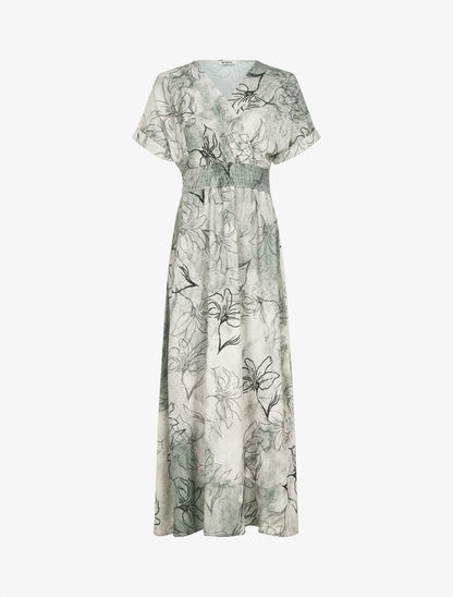 Robe longue manches courtes imprimé végétal - Vert gris - 1