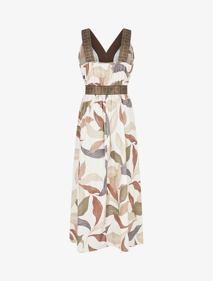 Robe longue à détail irisées et imprimé feuilles - Beige - 2