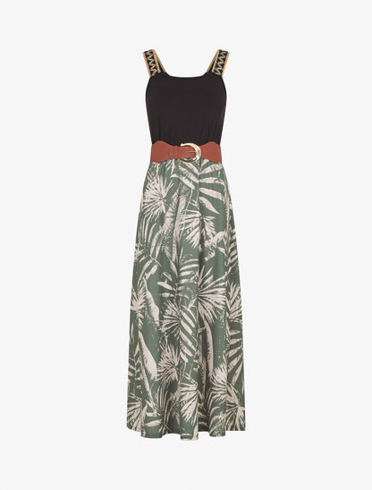 Robe longue à bretelles brodées imprimé tropical - Kaki - 1