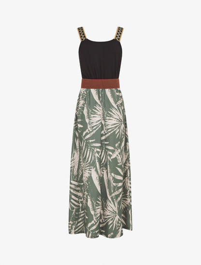 Robe longue à bretelles brodées imprimé tropical - Kaki - 2