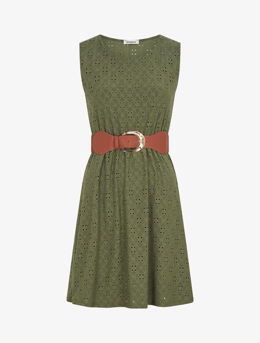 Robe droite unie et ajourée - Kaki - 4