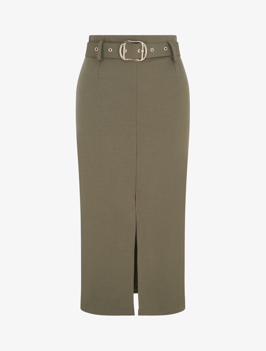 Jupe droite mi-longue unie - Kaki - 1