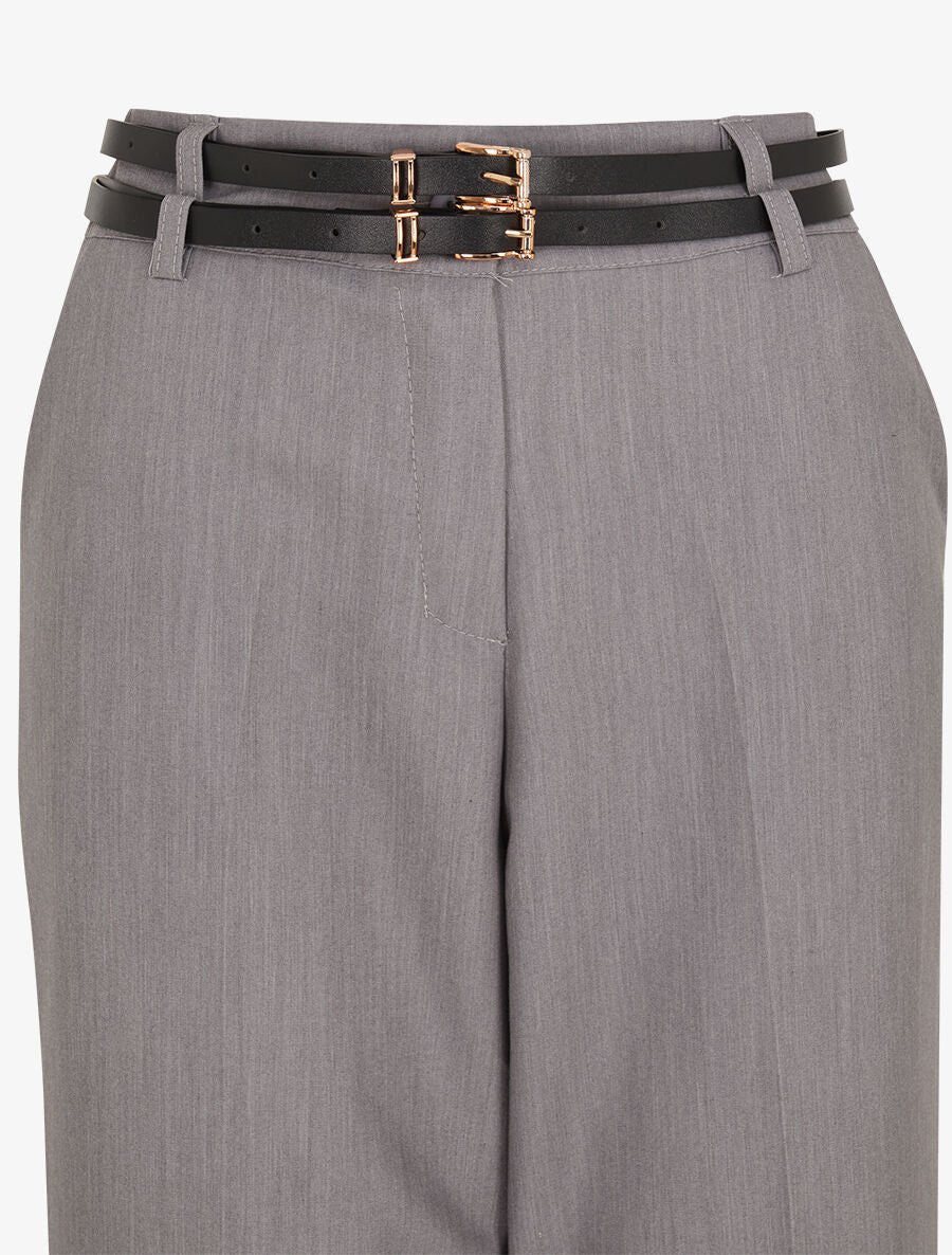 Pantalon droit taille haute ceinturée - Gris - 3