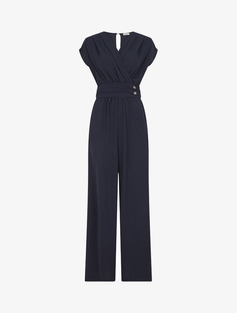 Combinaison fluide uni à col cache-coeur - Marine - 1