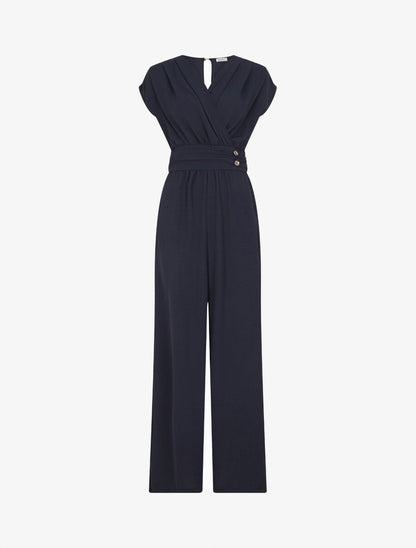 Combinaison fluide uni à col cache-coeur - Marine - 1