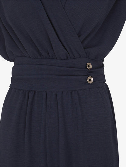 Combinaison fluide uni à col cache-coeur - Marine - 3