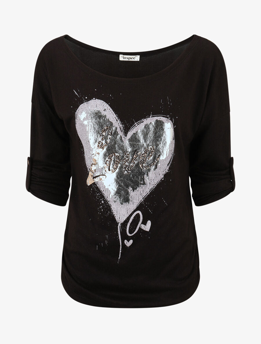 Pull à coeur irisé et sequins - Noir - 1