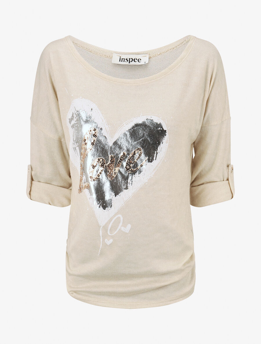 Pull à coeur irisé et sequins - Beige - 4