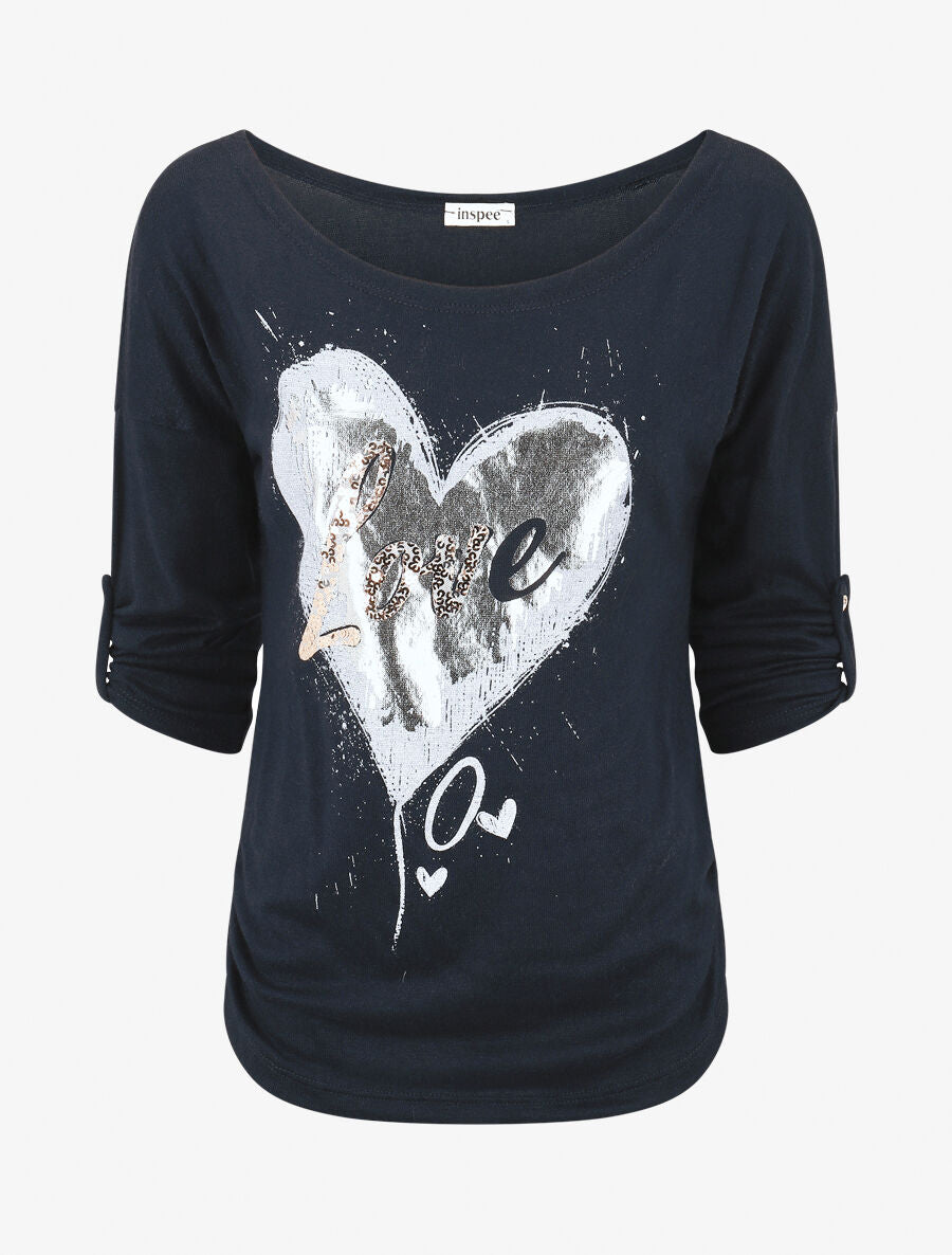 Pull à coeur irisé et sequins - Marine - 1